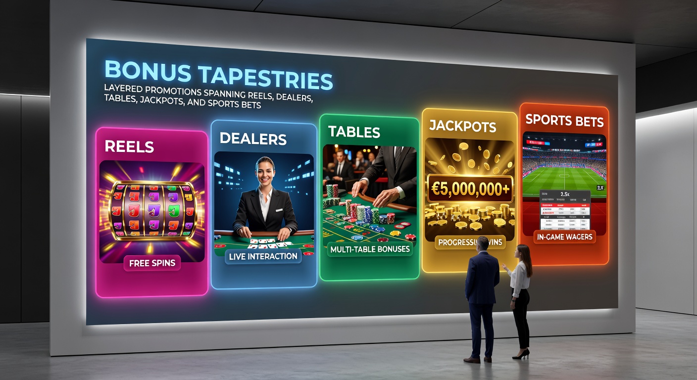 Close-up of a casino interface illustrating bonus progression: slot wins converting to table game multipliers, jackpot meters filling, and sports bet slips activating layered rewards