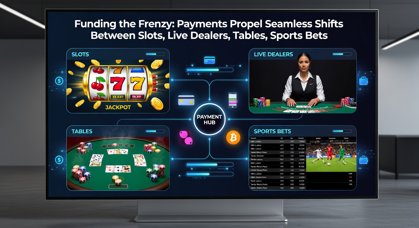 Illustration of a unified digital wallet facilitating instant transfers between casino games including slots, sports books, and VIP lounges