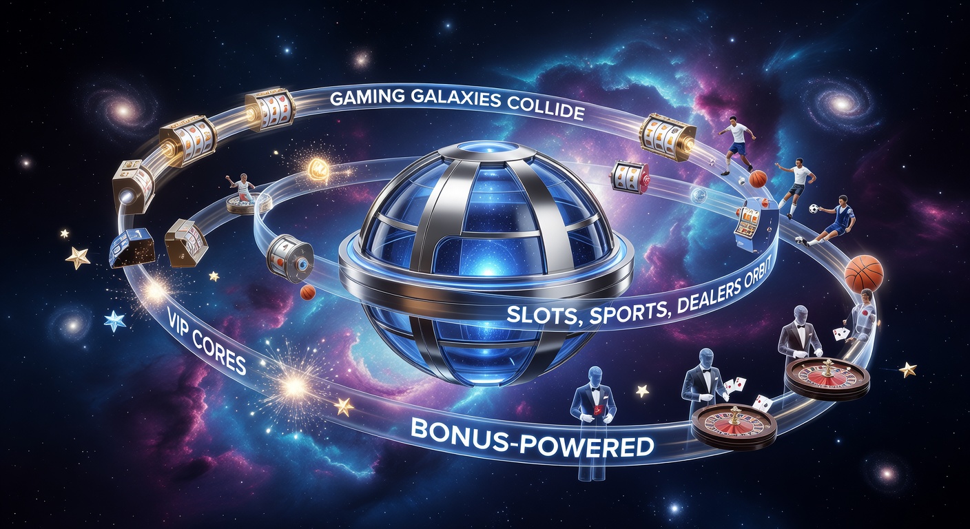 Live dealer at a high-tech table surrounded by orbiting slot symbols, sports icons, and bonus meteors converging on a VIP nexus