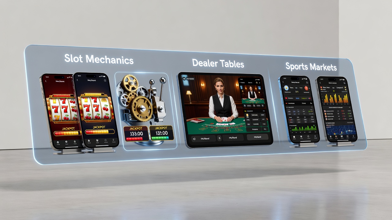 Close-up of tiered VIP dashboard linking mobile slots, live tables, and sports betting rewards