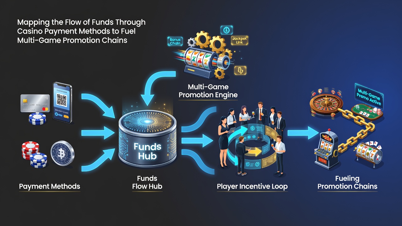 Flowchart illustrating how deposits move through casino systems to activate promotions in slots, tables, sports, and jackpots