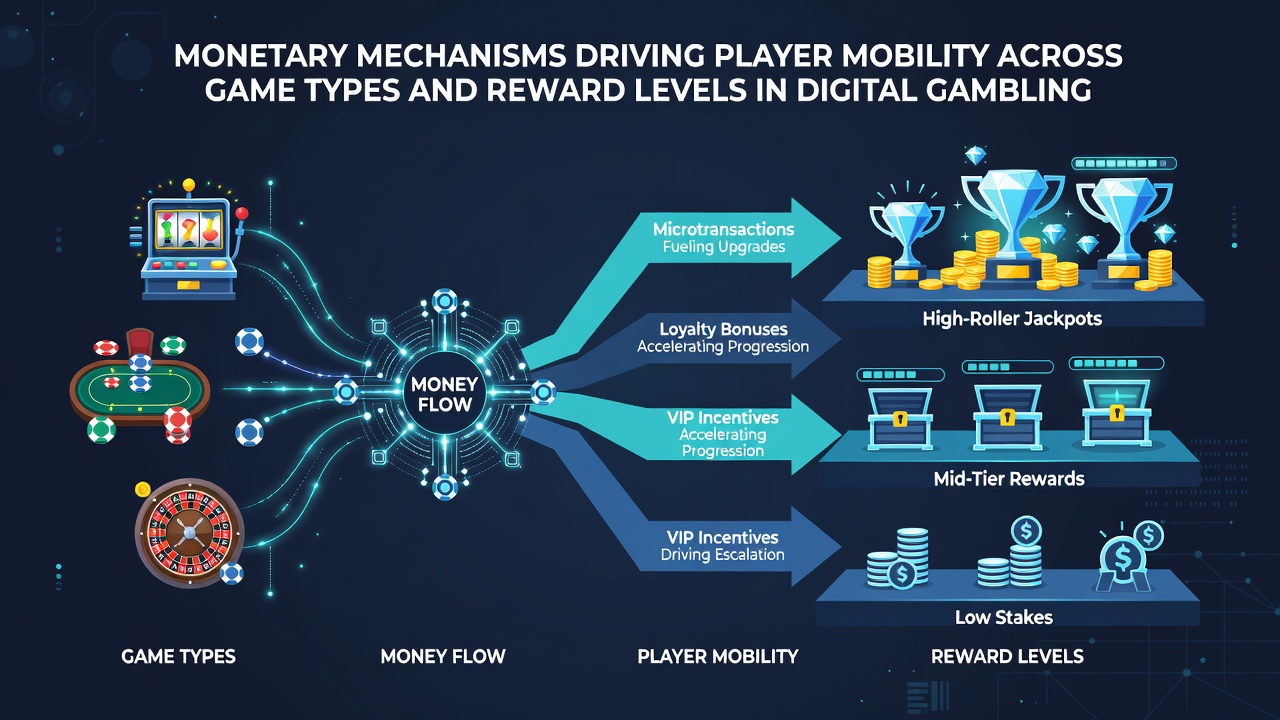 Flowchart illustrating reward point transfers and monetary incentives across various gambling verticals