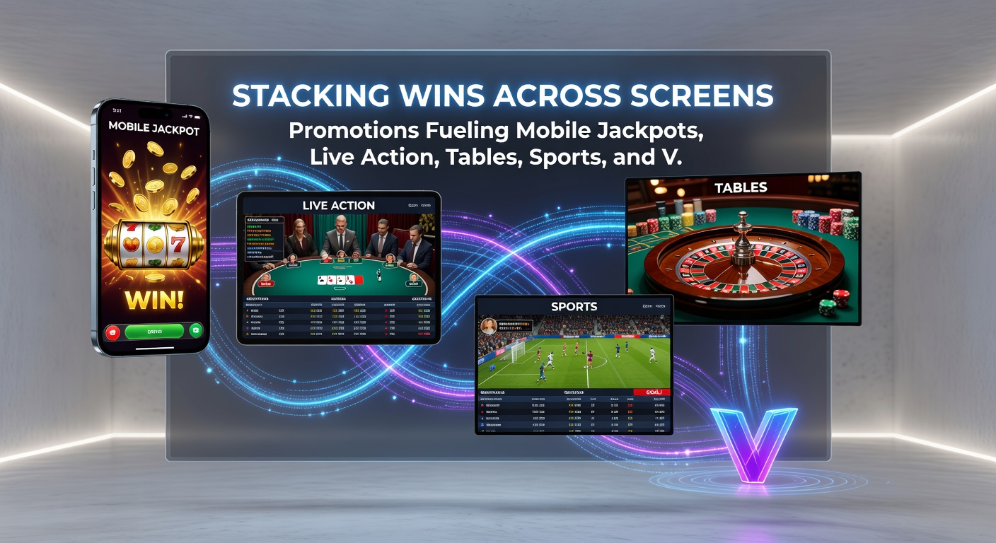 Dynamic split-screen view showing live dealer streams, mobile jackpot reels, table game layouts, sports odds, and VIP progress bars interconnected by promotional overlays