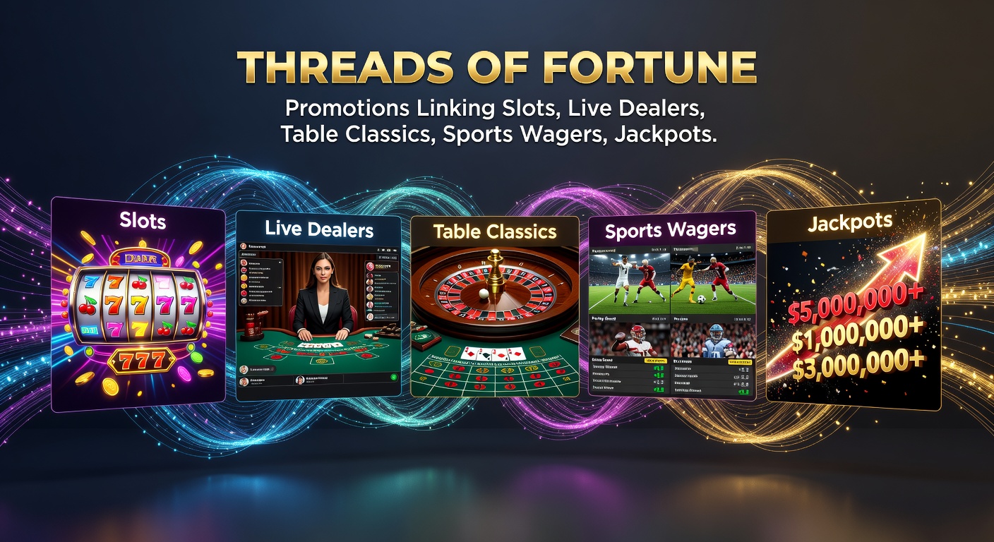 Digital graphic illustrating promotional threads connecting slot machines, live dealer cams, blackjack tables, sports betting interfaces, glowing jackpots, and ascending VIP ladders