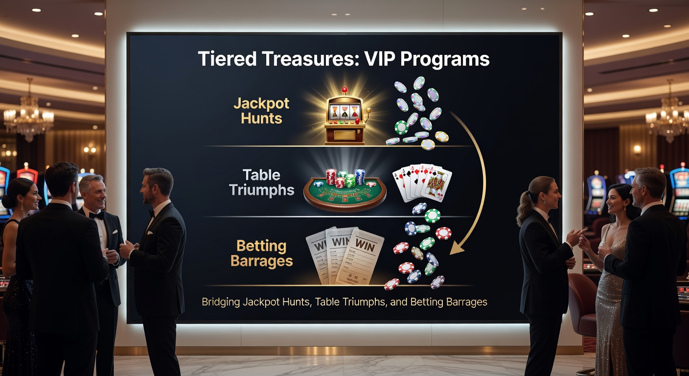 Dynamic graphic showing VIP player progressing through tiers with icons for jackpots, tables, and sports bets unlocking rewards