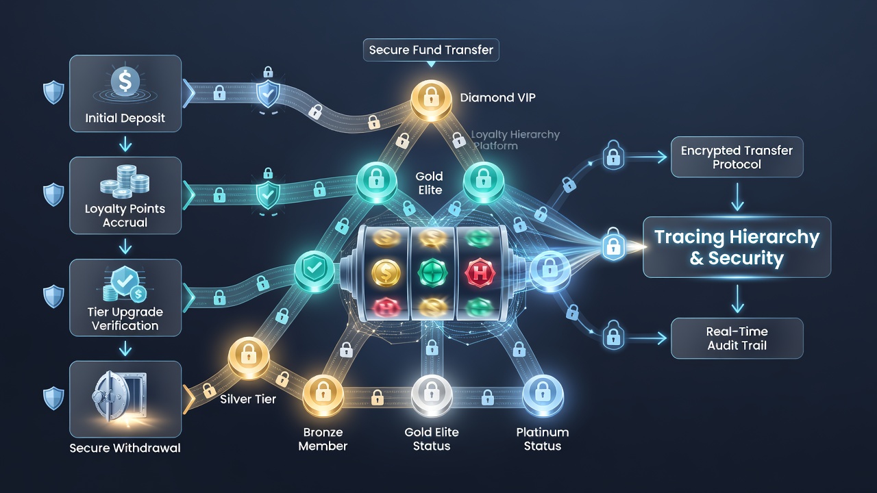 Diagram showing secure fund flow between loyalty tiers, slots, live games, and sports betting on mobile