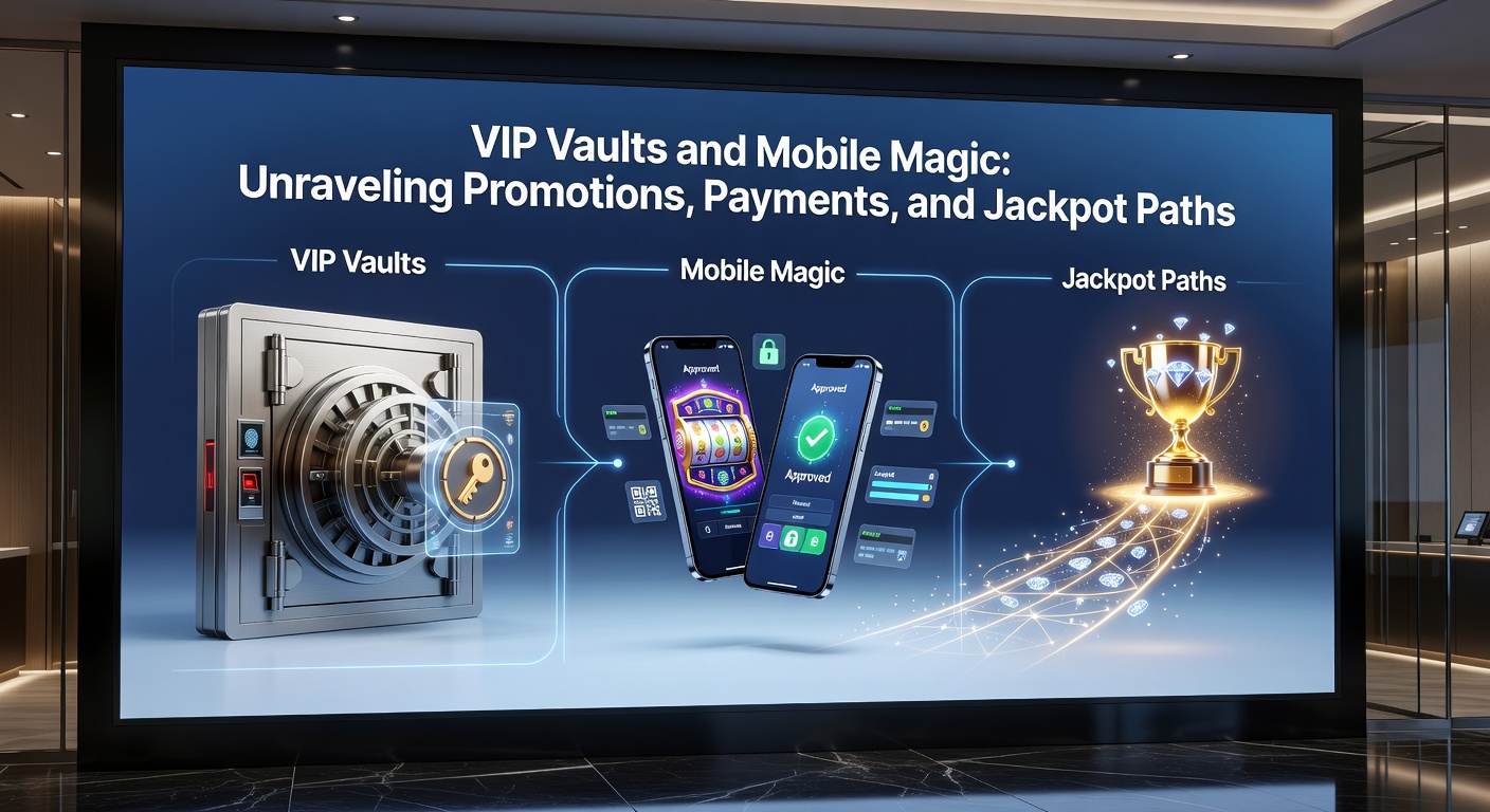 Dynamic scene of a smartphone screen displaying jackpot counters ticking up, VIP vault icons unlocking, and payment gateways with lightning-fast transaction animations